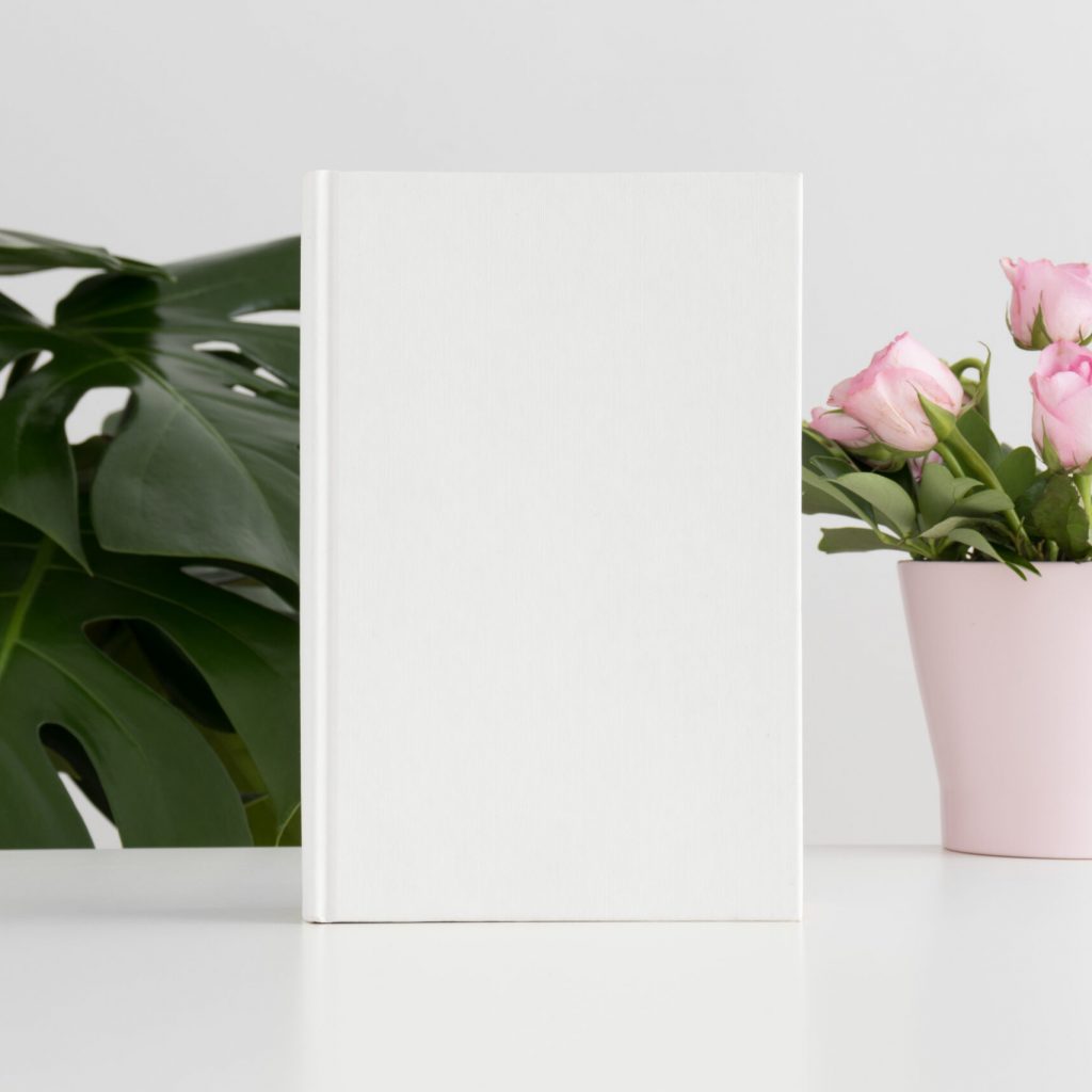 White book mockup with pink roses in a pot and a monstera plant.